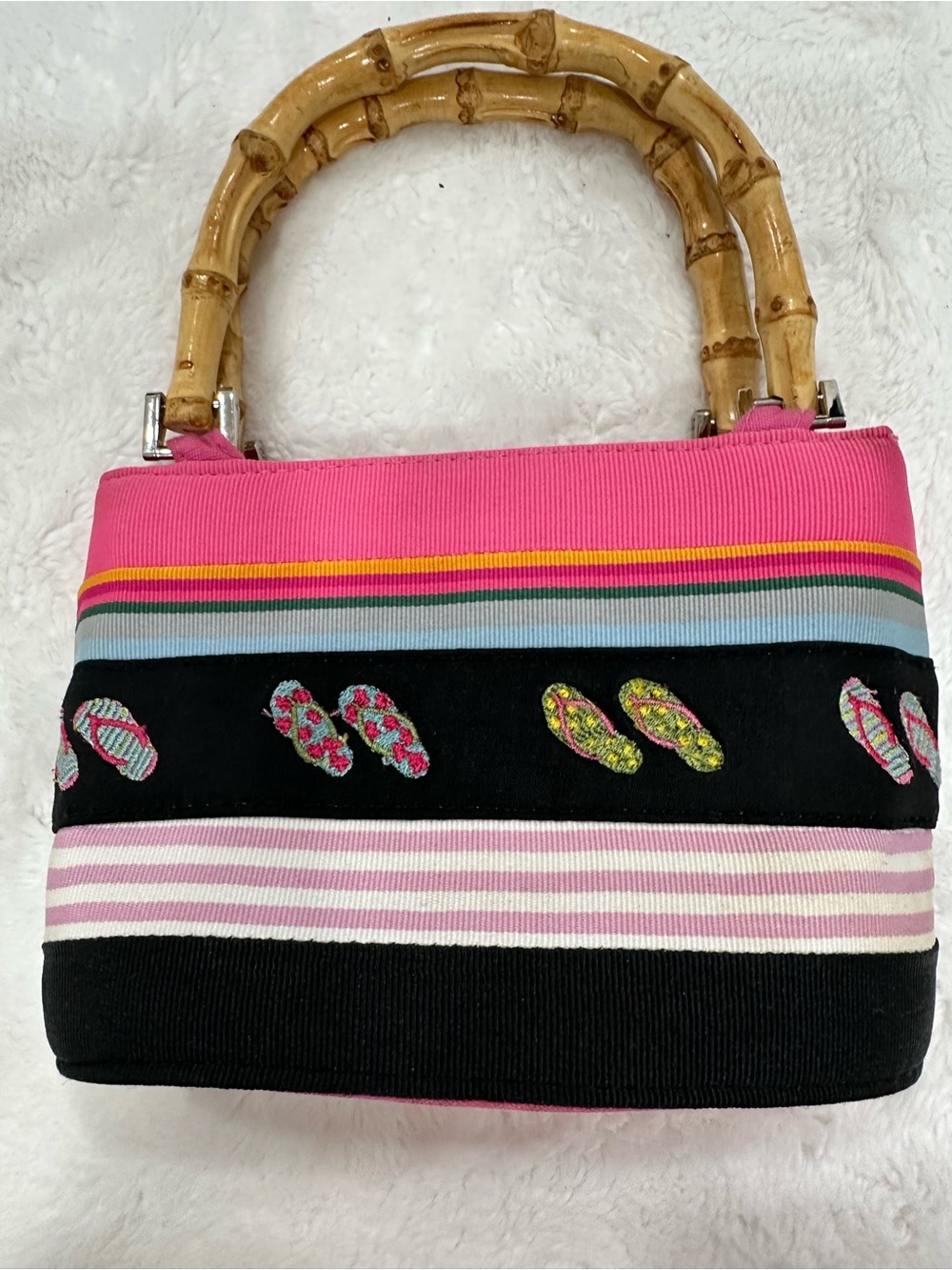 Pink Striped Bamboo-Handle Tote Bag with Embroidered Flip-Flop Detail mini